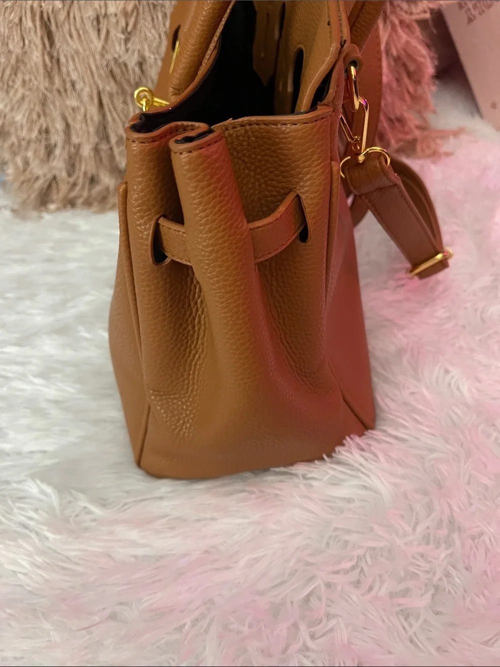 Classic Tan Leather Satchel Handbag with Gold Hardware
